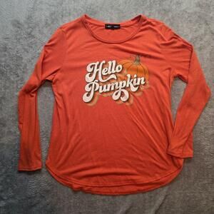 State Of Mine Shirt Womens M Orange Hello Pumpkin Long Sleeve Graphic T-Shirt